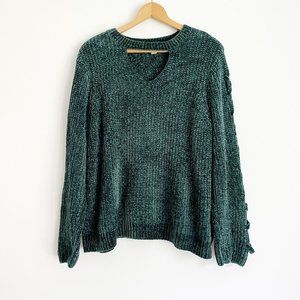 Est. 1946 Hunter Green Front Cutout Braided Sleeve Chenille Sweater